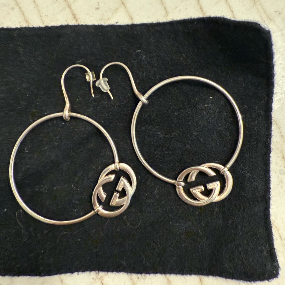 Gucci Silver Logo Hoop Earrings